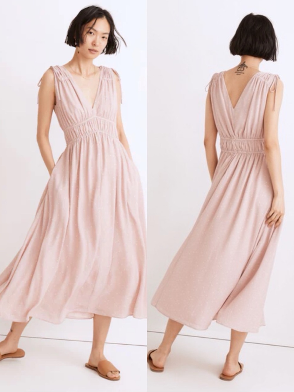 Madewell Sophia Smocked Midi Dress in Polka Dot Wisteria Dove size large